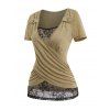 Crossover Heathered Sheer Lace Faux Twinset Tee Mock Button Short Sleeve T-shirt