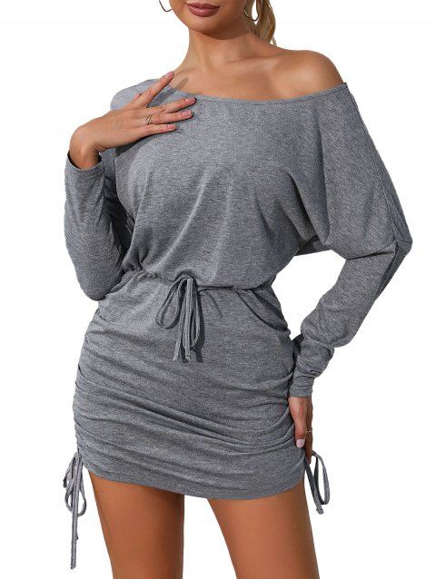 Skew Neck Cinched Batwing Sleeve Waisted Long Sleeve Mini Dress