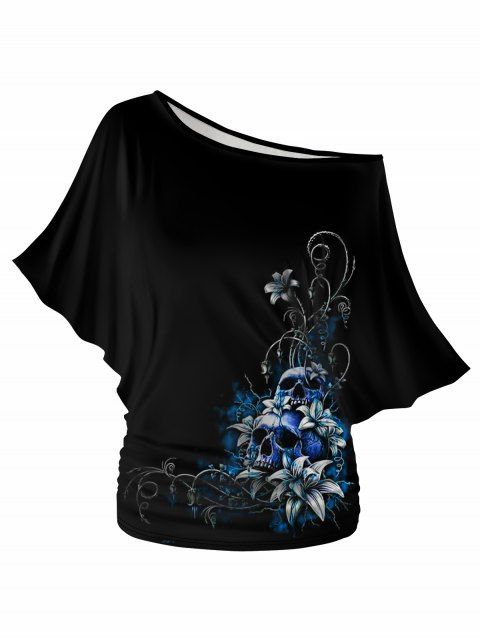 Skull Floral Print Oblique Shoulder Batwing Sleeve Loose Fashion T-shirt