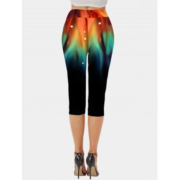 Colorful Print Skew Shoulder Batwing Sleeve Tee And Elastic Waist Skinny Capri Leggings Outfit