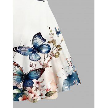 Floral and Butterfly Print V Neck Dress O Ring Straps Sleeveless A Line Tank Dress