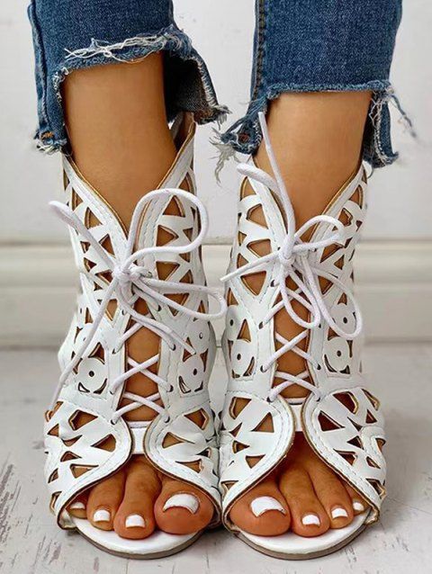Summer Peep Toe Sandals Comfortable Hollow Out Lace Up Fashionable Breathable Roman Sandals