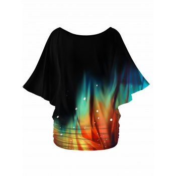 Colorful Print Oblique Shoulder Batwing Sleeve Ruched Hem Loose T-shirt 