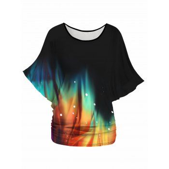 Colorful Print Oblique Shoulder Batwing Sleeve Ruched Hem Loose T-shirt 