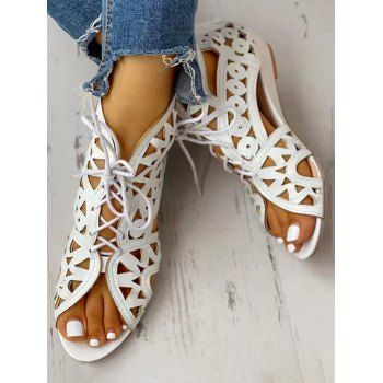 Summer Peep Toe Sandals Comfortable Hollow Out Lace Up Fashionable Breathable Roman Sandals