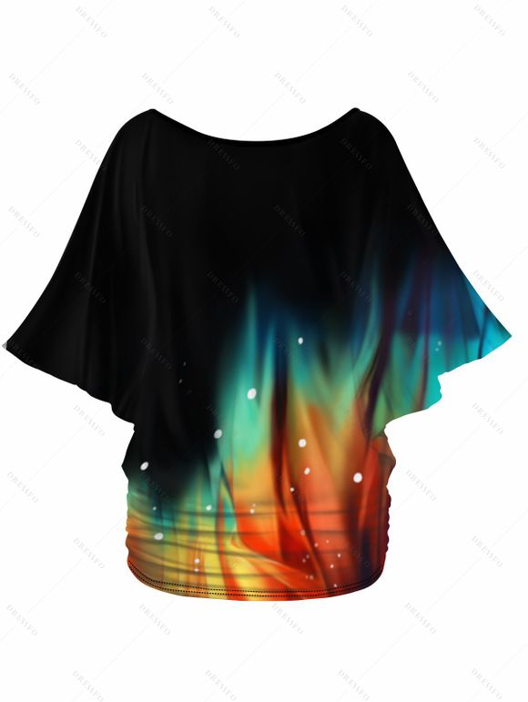 T-shirt Lâche Goutte Epaule Coloré Imprimé Ourlet Oblique à Manches Chauve-souris - Noir S | US 4