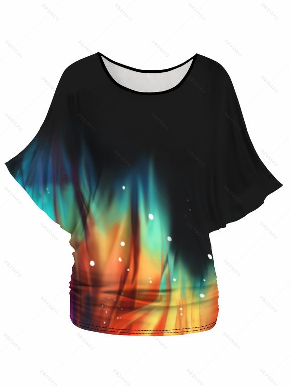 T-shirt Lâche Goutte Epaule Coloré Imprimé Ourlet Oblique à Manches Chauve-souris - Noir S | US 4