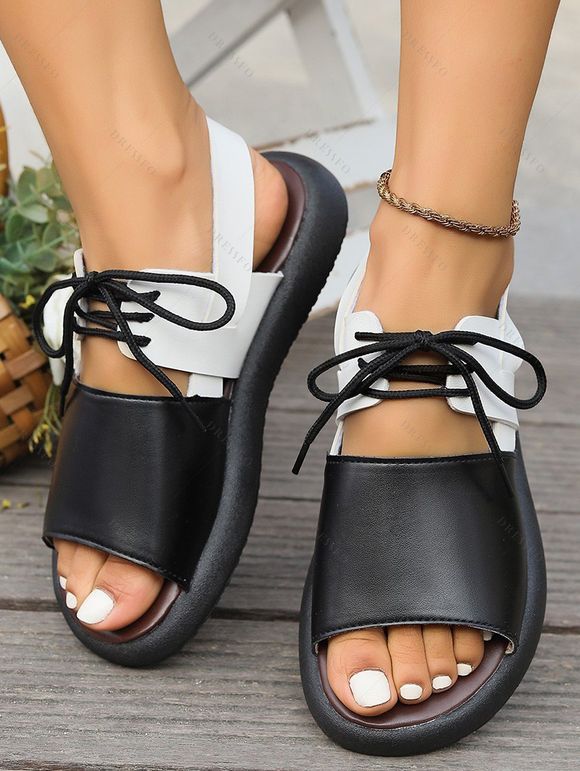 Contrast Color Lace Up Flat Front Tie Open Toe Simple Fashionable Beach Sandals - Noir EU 43