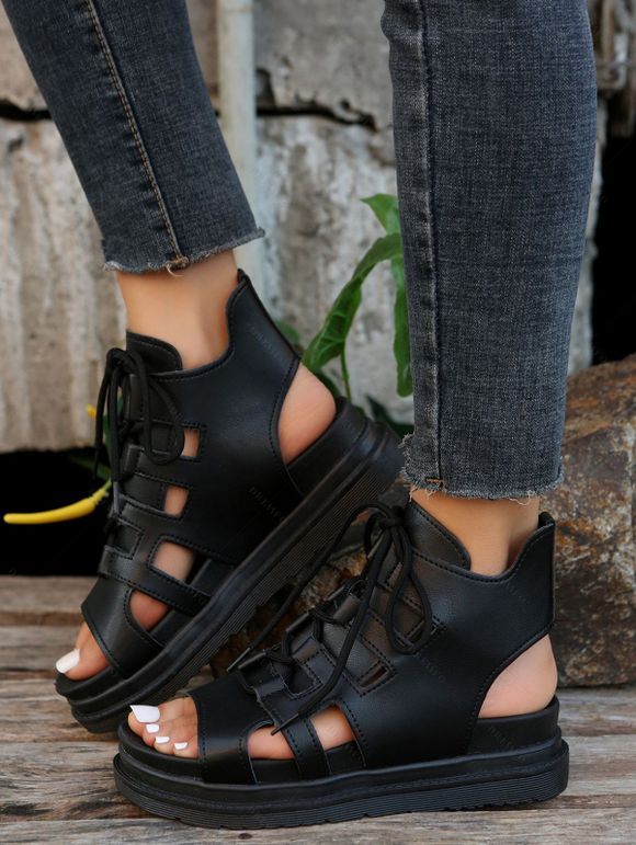 Platform Thick Sole Roman Lace Up Sandals Round Toe Flat Increased Heel Outdoor Shoes - Noir EU 38