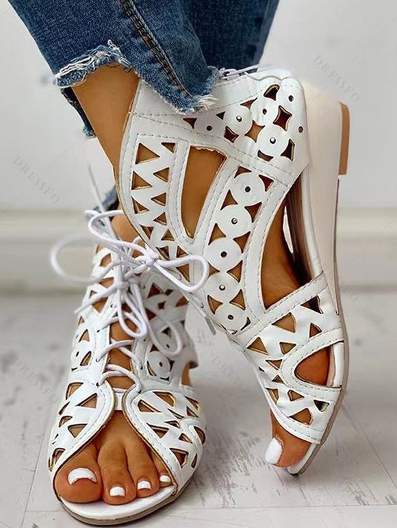 Summer Peep Toe Sandals Comfortable Hollow Out Lace Up Fashionable Breathable Roman Sandals - Blanc EU 42