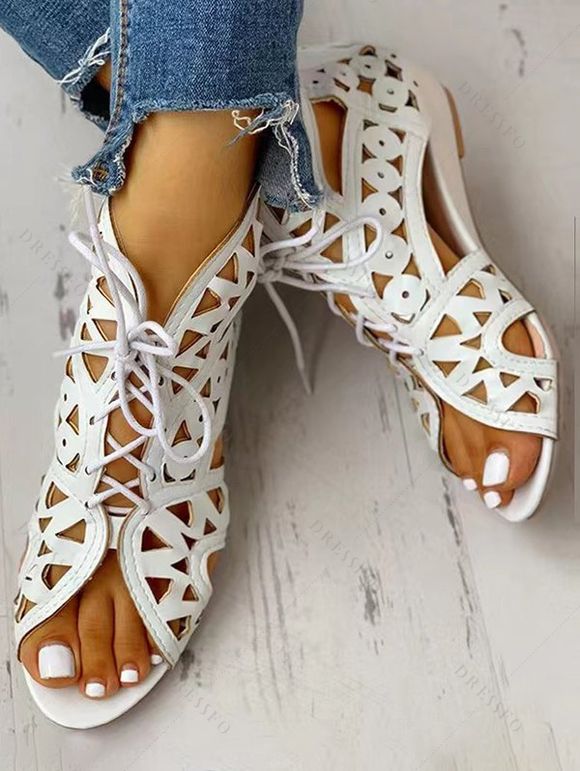 Summer Peep Toe Sandals Comfortable Hollow Out Lace Up Fashionable Breathable Roman Sandals - Blanc EU 42