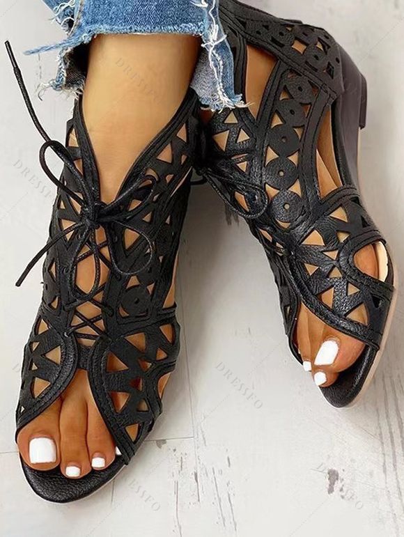 Summer Peep Toe Sandals Comfortable Hollow Out Lace Up Fashionable Breathable Roman Sandals - Noir EU 36