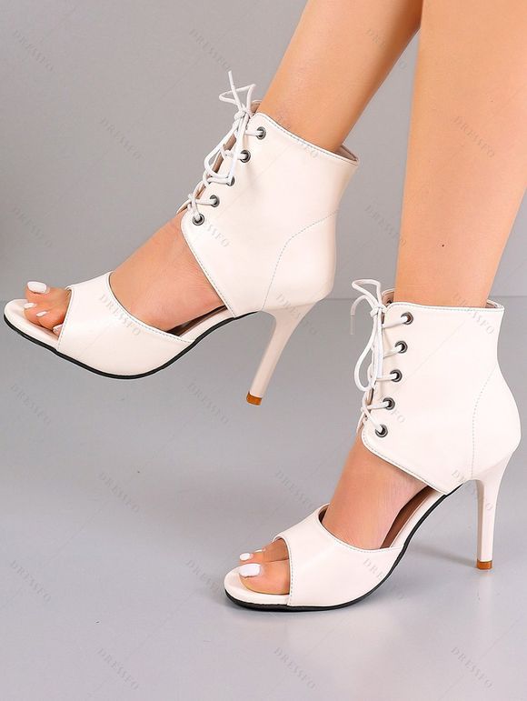 Solid Color Lace Up Peep Toe Spring Summer New Sexy Ladies High-heeled Sandals - Blanc EU 37