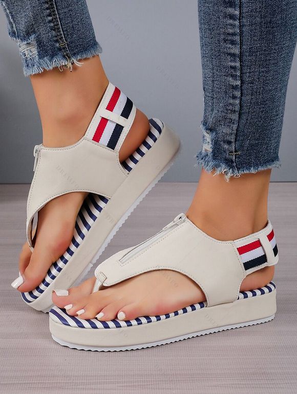 Fashion Open Toe Front Striped Flat Thong Sandals - Blanc de Crème EU 42