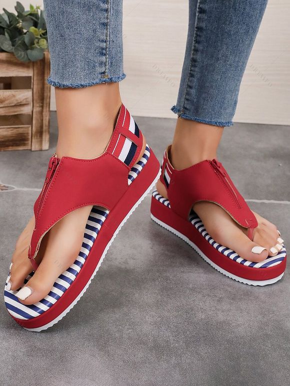 Fashion Open Toe Front Striped Flat Thong Sandals - Rouge EU 37