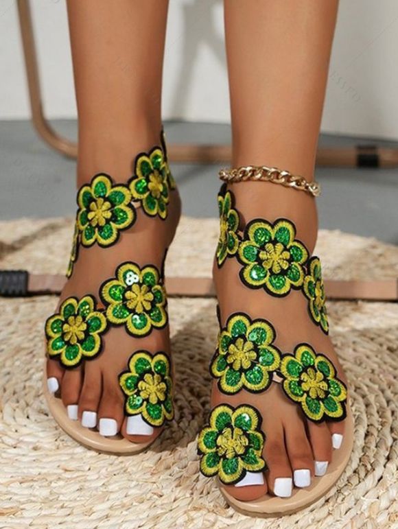 Low Heel Flower Design Woven Strap Fashionable Sandals - Vert clair EU 36