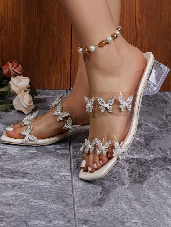 Butterfly & Faux Pearl Decor Clear Chunky Heeled Mule Sandals - Blanc EU 42