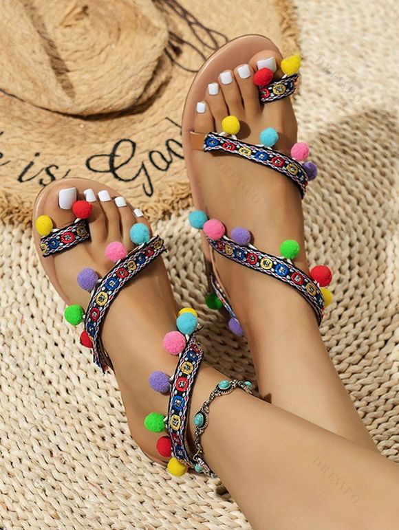 Summer Fashion Roman Sandals Open Toe Pom Pom Ethic Style Low Heel Flat Sandals - multicolor EU 43
