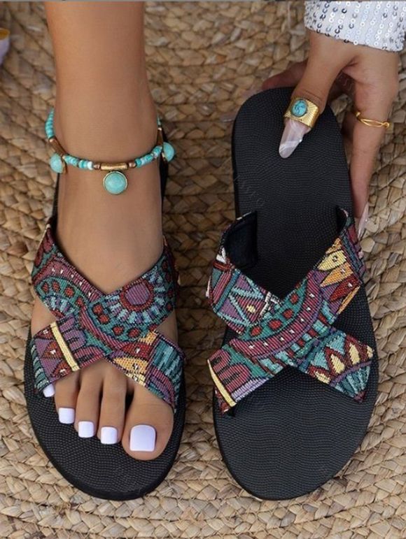 Ethic Style Comfy Lightweight Cross Strap Open Toe Flat Sandals - multicolor EU 42