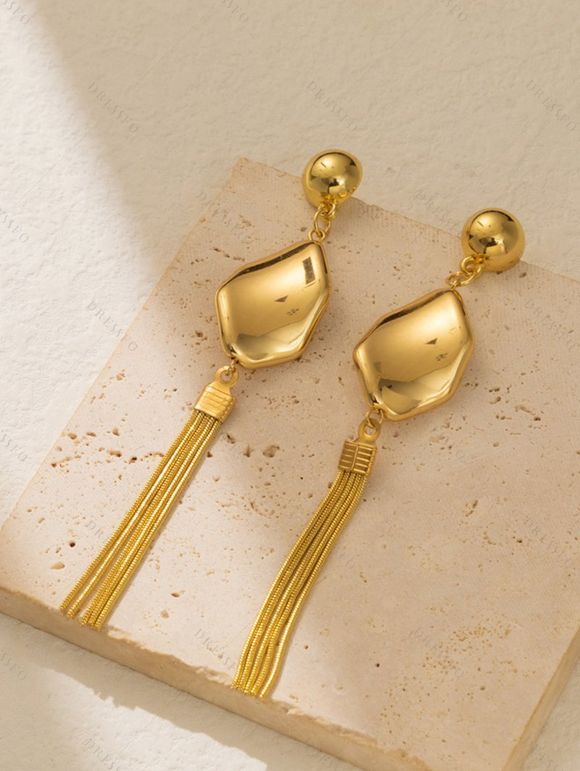 Boucles D'Oreilles Pendantes Élégantes Motif Géométrique Chaîne Dorée et Perle - d'or 