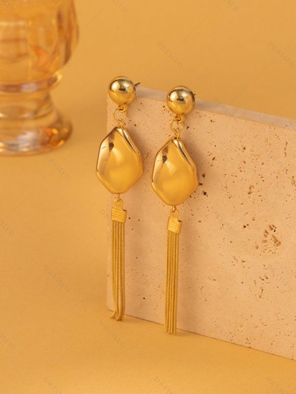 Boucles D'Oreilles Pendantes Élégantes Motif Géométrique Chaîne Dorée et Perle - d'or 