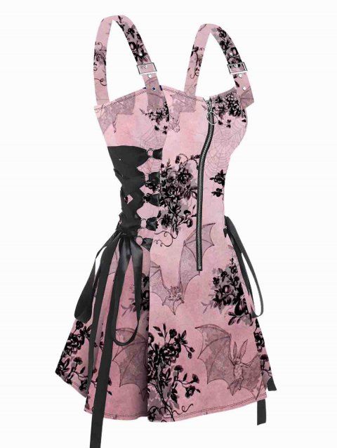Bat Floral Print Buckle Strap Dress Lace Up Half Zipper Slim Mini Dress