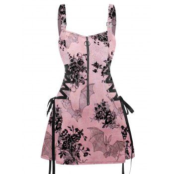 Bat Floral Print Buckle Strap Dress Lace Up Half Zipper Slim Mini Dress 