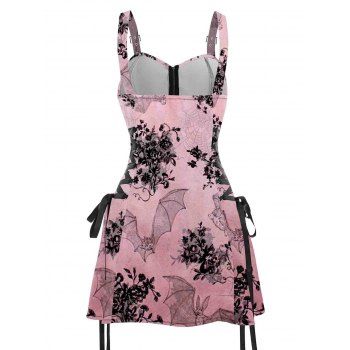 Bat Floral Print Buckle Strap Dress Lace Up Half Zipper Slim Mini Dress 