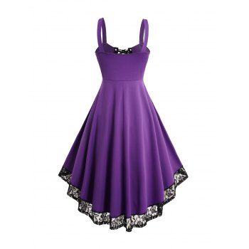 Lace Up Grommet Straps Lace Hem High Low Summer Tank Dress 