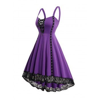 Lace Up Grommet Straps Lace Hem High Low Summer Tank Dress 