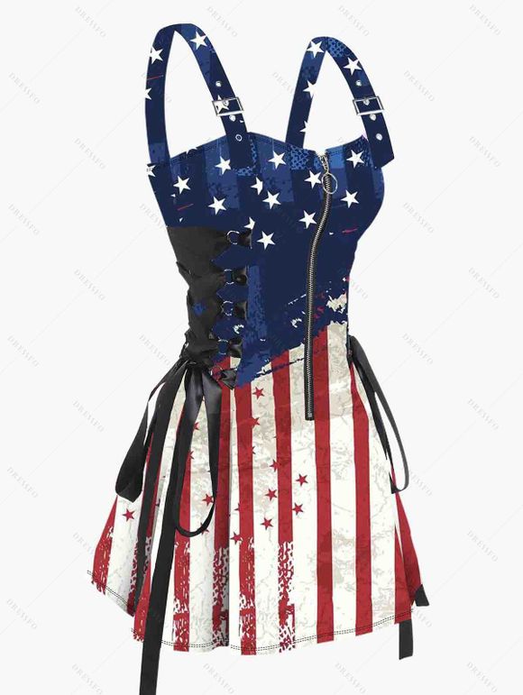 Mini Robe Ajustée Drapeau Américain Imprimé à Bretelle Bouclée à Demi-Zip - multicolor A XXL | US 12