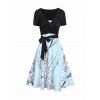Ensemble de Robe Ligne A Fleur de Pêcher et de T-shirt Cahce-cœur avec Nœud Papillon Deux Pièces - Bleu clair XXXL