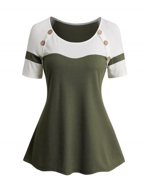 Two Tone Mock Button Round Neck Short Sleeve Fit T Shirt