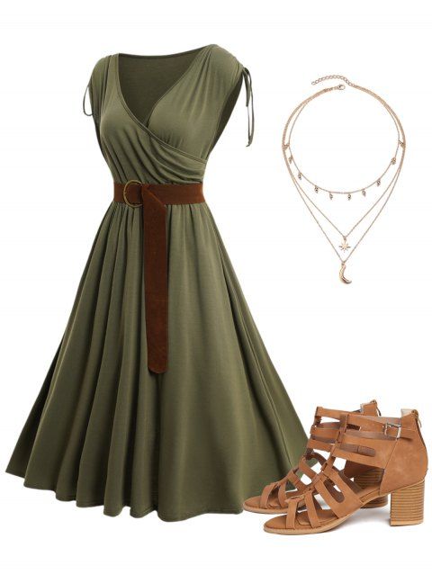 Cinched Shoulder Surplice Plunge Belted Dress And Brand Chunky Heel Sandals 3 Layers Necklace Outift