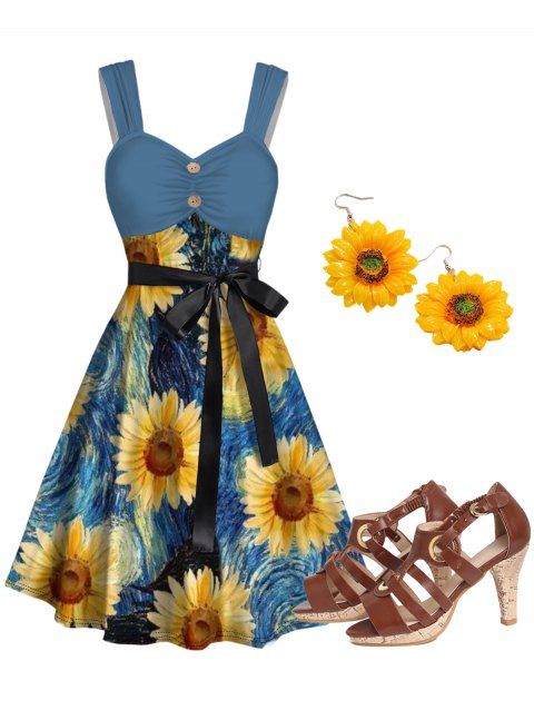 Van Gogh Sunflower Print Mock Button Dress And Cut Out High Heels Sandals 3D Earrings Outfit