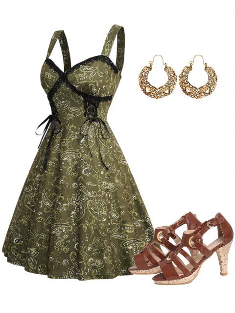 Paisley Print Front Lace-Up Dress And Cut Out High Heels Sandals Hollow Out Drop Earrings Outfit