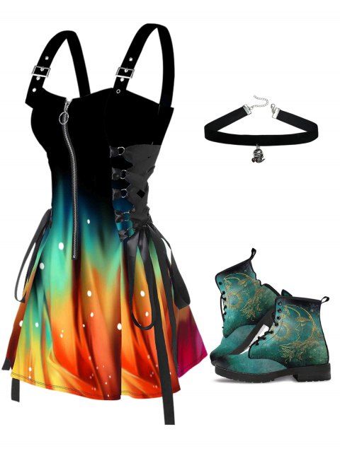 Galaxy Colorful Print Lace Up Half Zipper Buckle Dress Lace Up Thick Heels Boots Gothic Pendant Outfit
