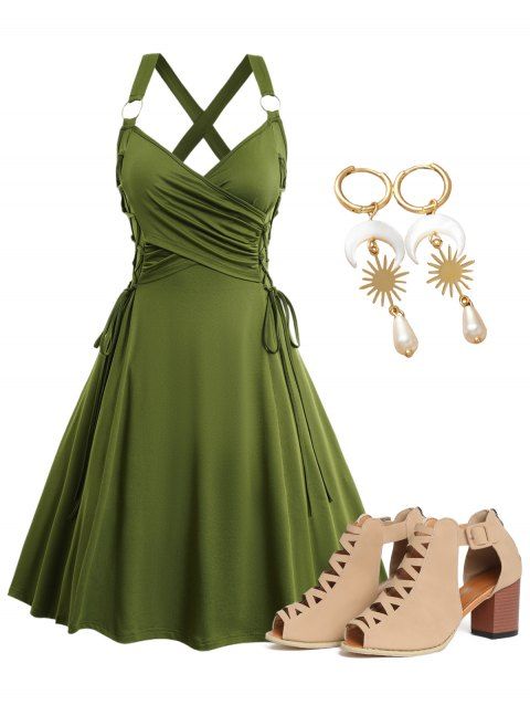 Lace Up Surplice Collar Solid Color O Ring Dress And Plain Chunky Heels Sandals Hoop Drop Earrings Outfit