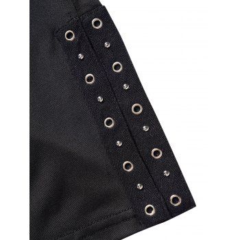 Plus Size Skull Lace Panel Godet Gothic Tank Top And Plain Color Rivet Slit Capri Leggings Outfit