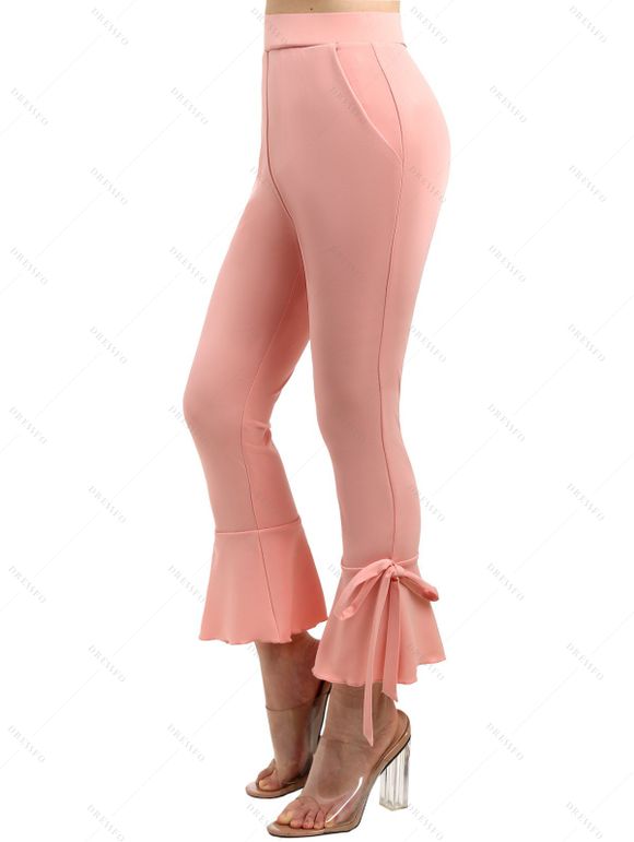 T-shirt Asymétrique Long Fleuri Imprimé à Volants avec Nœud Papillon et Pantalon Capri - Rose clair S | US 4