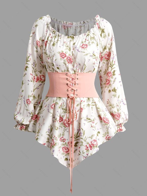 T-shirt Asymétrique Long Fleuri Imprimé à Volants avec Nœud Papillon et Pantalon Capri - Rose clair S | US 4