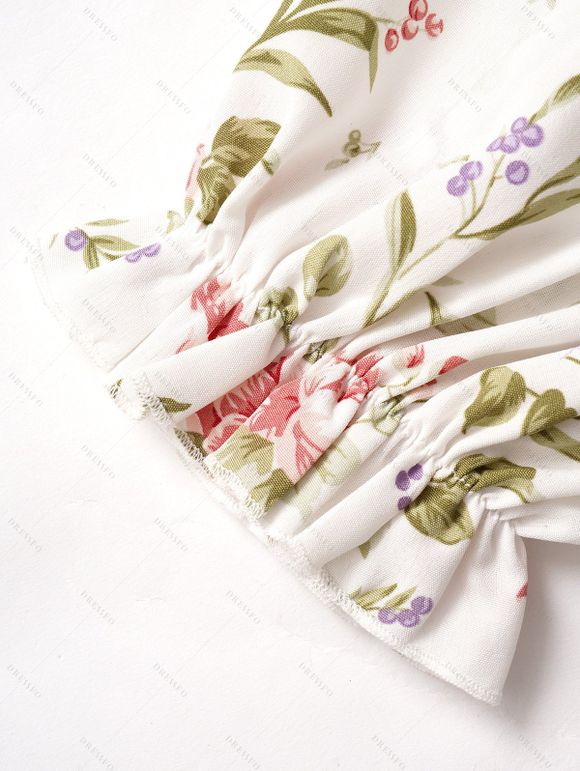 T-shirt Asymétrique Long Fleuri Imprimé à Volants avec Nœud Papillon et Pantalon Capri - Rose clair S | US 4