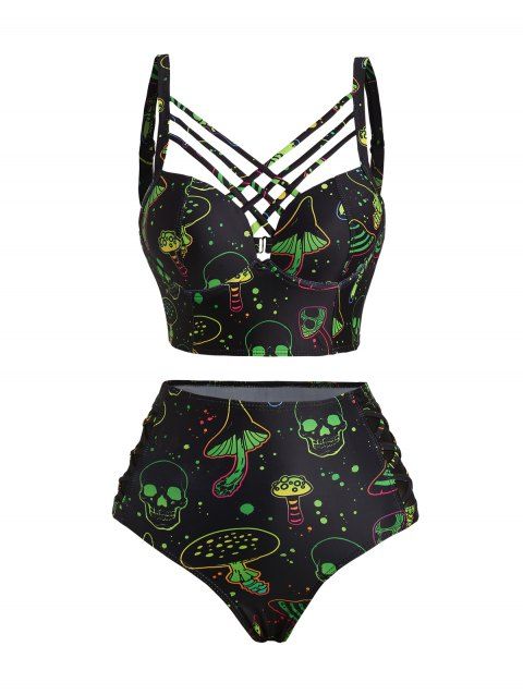 Galaxy Mushroom Skull Print Crisscross Beach Bikini Adjustable Spaghetti Strap Triangle Bottom Two Piece Bathing Suit