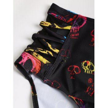 Skull Print Crisscross Beach Bikini Adjustable Spaghetti Strap Triangle Bottom Two Piece Bathing Suit