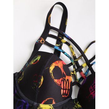 Skull Print Crisscross Beach Bikini Adjustable Spaghetti Strap Triangle Bottom Two Piece Bathing Suit 