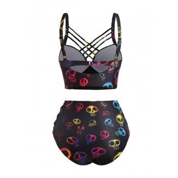 Skull Print Crisscross Beach Bikini Adjustable Spaghetti Strap Triangle Bottom Two Piece Bathing Suit 