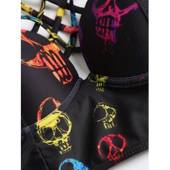 Skull Print Crisscross Beach Bikini Adjustable Spaghetti Strap Triangle Bottom Two Piece Bathing Suit 