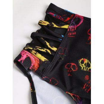 Skull Print Crisscross Beach Bikini Adjustable Spaghetti Strap Triangle Bottom Two Piece Bathing Suit 