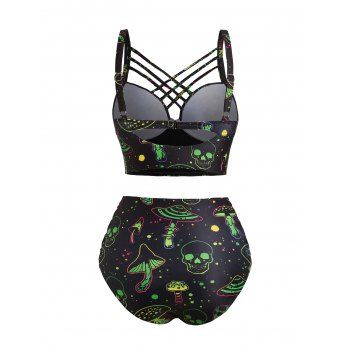 Galaxy Mushroom Skull Print Crisscross Beach Bikini Adjustable Spaghetti Strap Triangle Bottom Two Piece Bathing Suit 