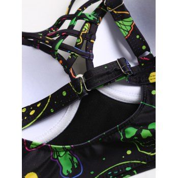 Galaxy Mushroom Skull Print Crisscross Beach Bikini Adjustable Spaghetti Strap Triangle Bottom Two Piece Bathing Suit 